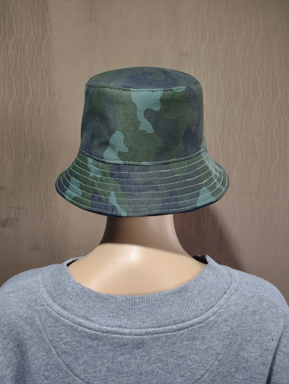 Handmade Upcycled Reversible Navy & Green Camo Bucket Hat - Picture 4 of 13